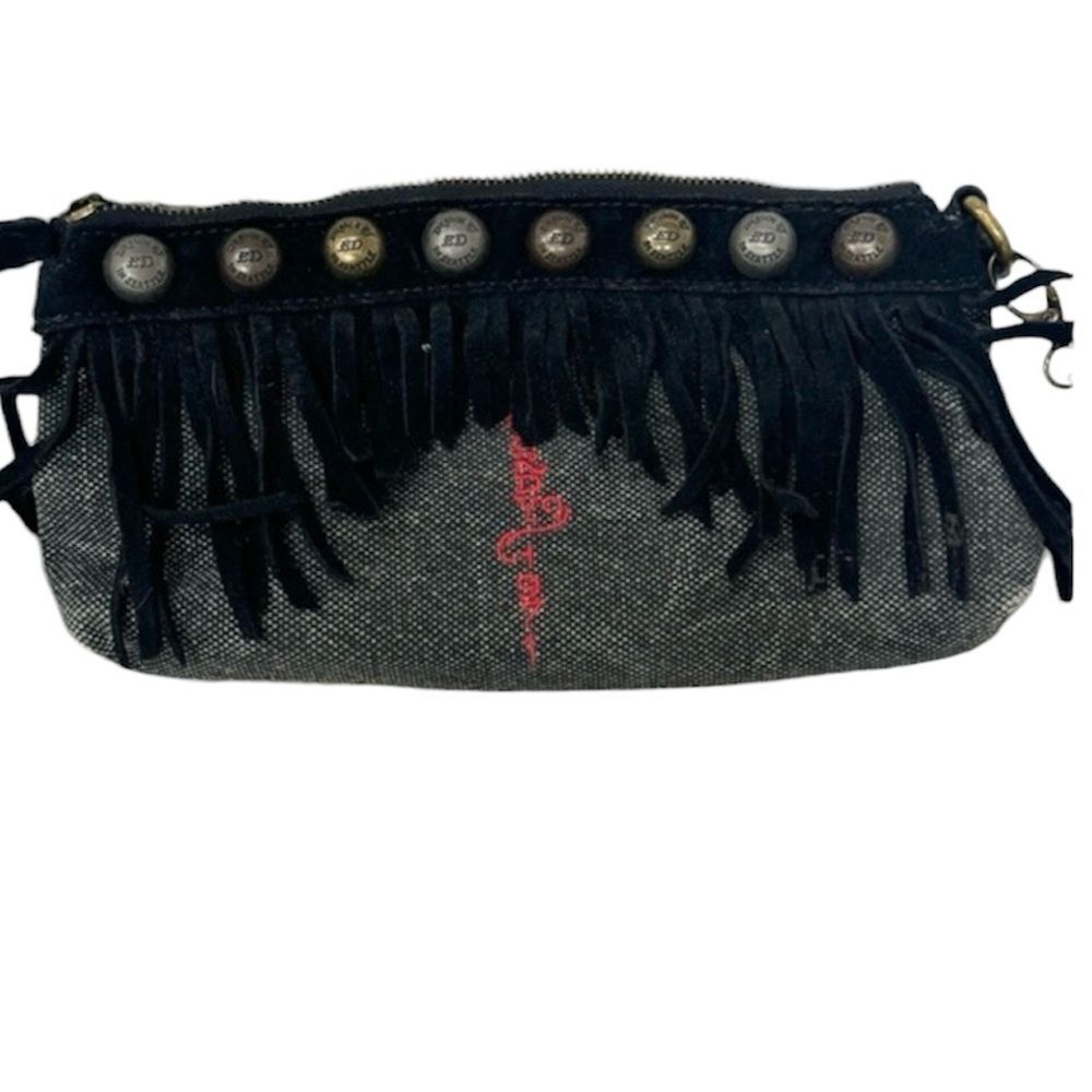 Ed Hardy Vintage Black Cow Leather Canvas Fringe Studded Clutch Wristlet